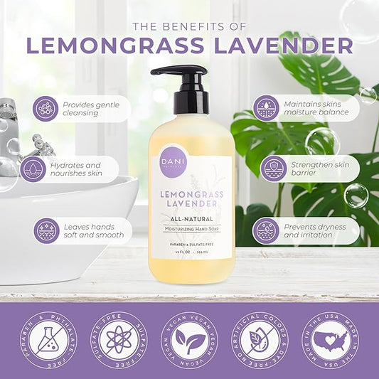 DANI Naturals Moisturizing Hand Soap – Calming Lemongrass Lavender Scent, Hydrating, Sulfate-Free & Paraben-Free, 12 Oz Bottle with Pump, Gentle Cleansing for Dry Skin