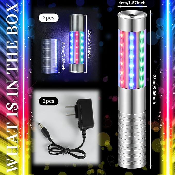2 Pieces RGB LED Strobe Baton Light Rechargeable Bottle Service Sparklers Stick Reusable Champagne Bottle Handheld LED for Club Stage Nightclub Party Concert Event Bar Outdoor - Silver