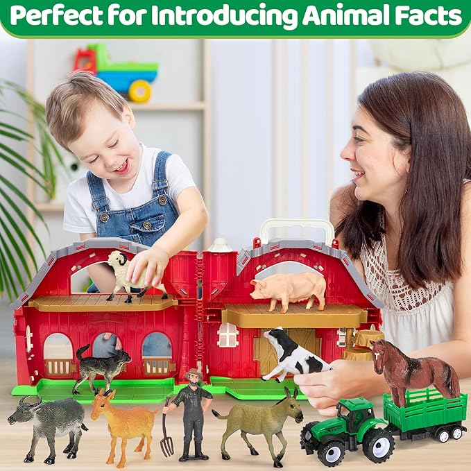 Farm Animals Toys for 1 2 3 4 5 Year old Toddlers Girls Boys, Big Red Barn Farm with Figures Animals and Tractor Toy for Kids, Farm Playset Educational Learning Toys, Ideal Christmas Birthday Gifts