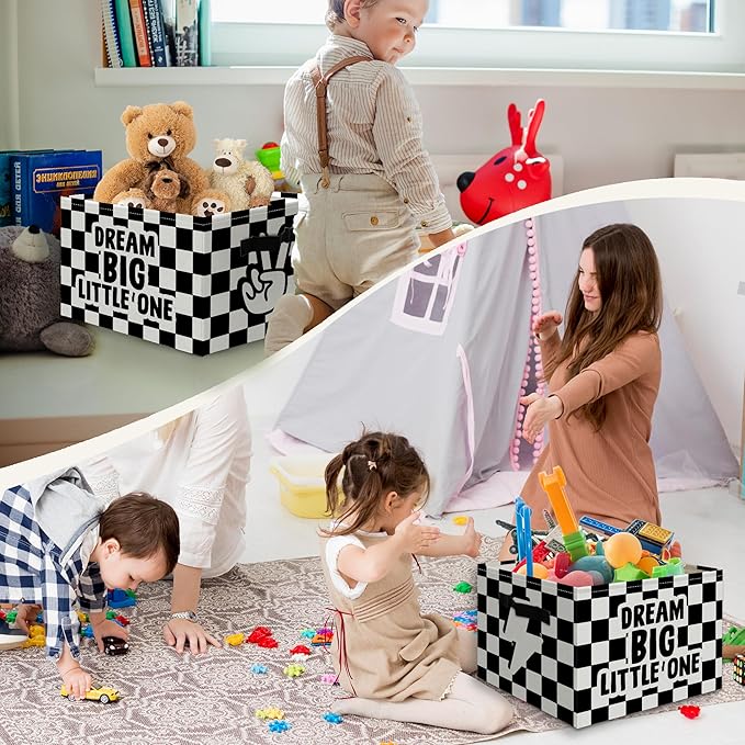 Dream Big Little One Boy Foldable Storage Bins Box with Handles, Black and White Checkered Collapsible Organizer Basket for Kids Boys Bedroom Bathroom Nursery Playroom Clothes Toys Books