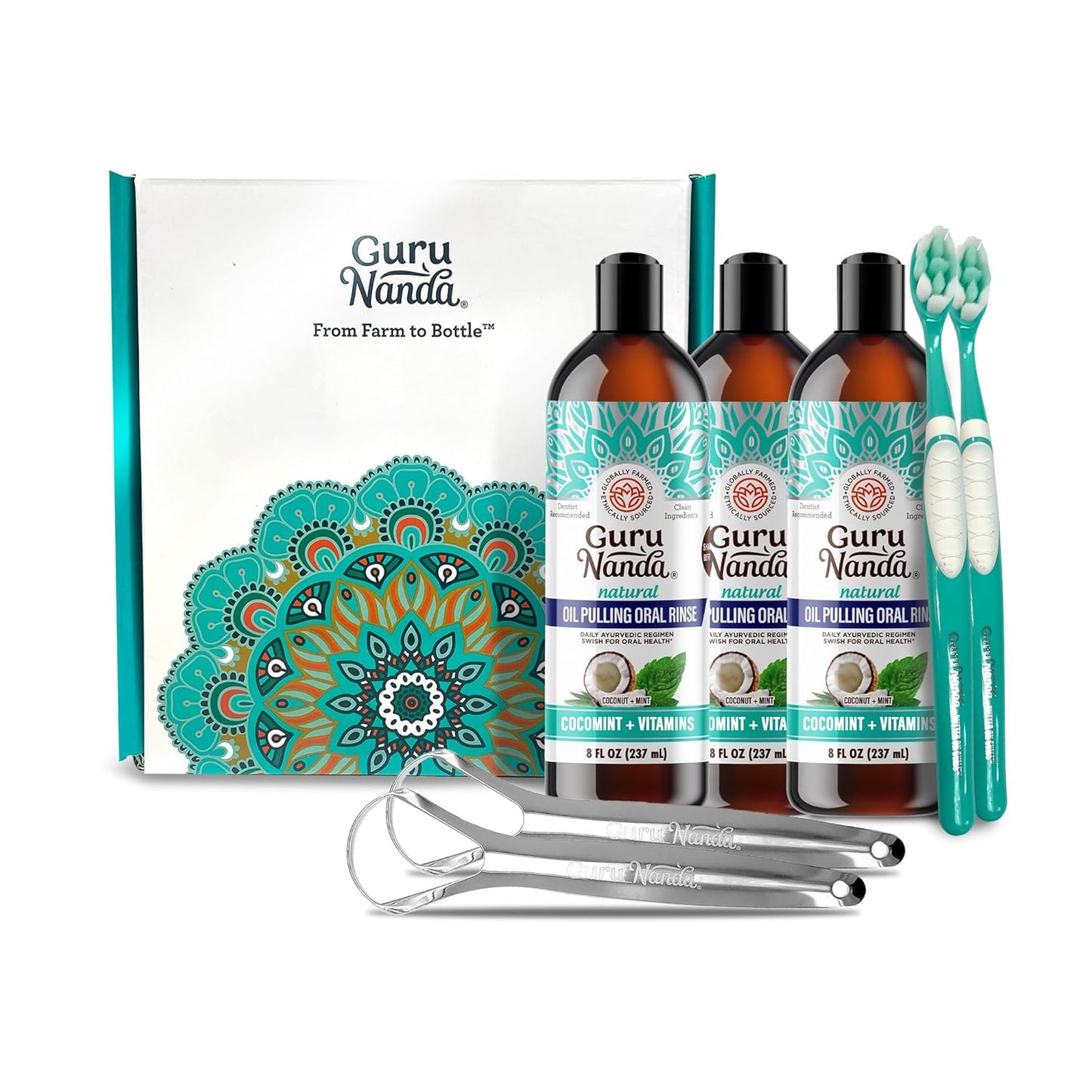 GuruNanda CocoMint Oil Pulling Mouthwash for Complete Oral Hygiene, 7 Essential Oils & Vitamins for Happy Teeth & Gums & Fresh Breath, with 2 Toothbrushes & 2 Tongue Scrapers, Alcohol-Free, 3X8 oz