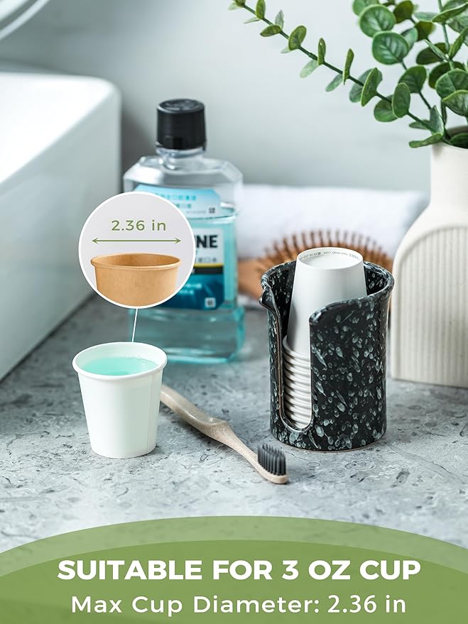 Bathroom Cup Dispenser 3 Oz, Ceramic Bathroom Cup Holder Mouthwash Cup Dispenser, Small Paper Cup Dispenser for Bathroom Vanity Countertop, Black