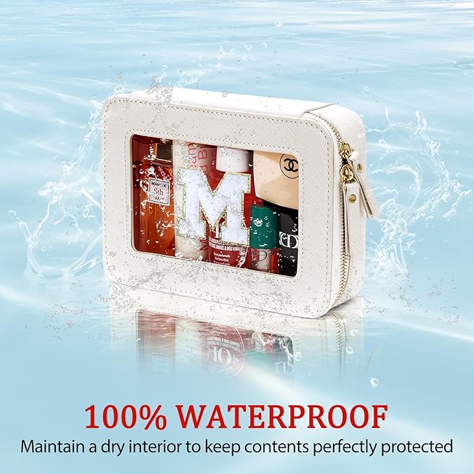 Initial Travel Toiletry Bag - Cosmetic Bags for Girls with Zipper, Clear & Potable Makeup Bag for Travel, Cosmetic Pouch Perfect Gifts for Graduation (Beige, M)