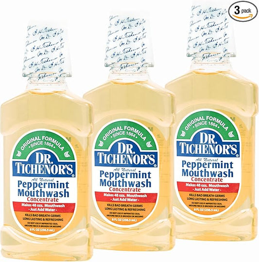Dr. Tichenor's Peppermint Mouthwash Concentrate - Oral Rinse for Bad Breath and Oral Health with a Minty Punch for Soothing Relief of Minor Sore Throat Irritation - 8 Ounce (Pack of 3)