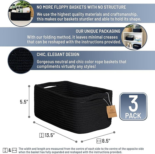 NaturalCozy 13.5”x8.5”x5.5” Rectangle Storage Baskets for Shelves 3 Pack | Cotton Rope Woven Small Baskets for Organizing | Small Storage Bins for Nursery, Bathroom, Closet, Shelf, Decorative