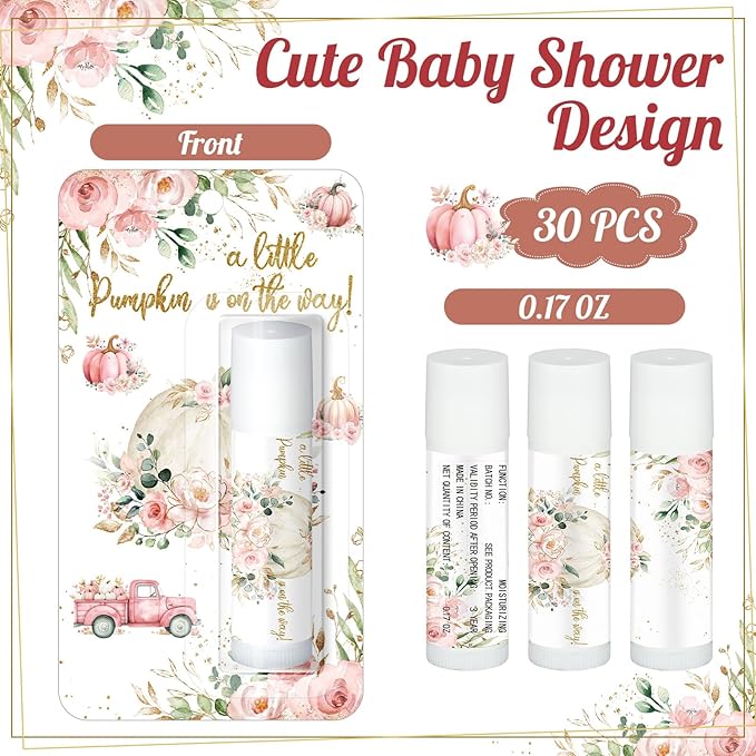 30 Pack Fall Little Pumpkin Baby Shower Games Prizes Gifts Bulk Pumpkin Pie Scented Lip Balms Favors for Boys Girls Pink Gender Reveal Decoration Halloween Autumn Thanksgiving Baby Shower Bags Stuffer