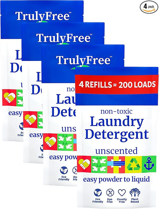 Truly Free Laundry Wash Detergent for Sensitive Skin | Gentle & Safe for Baby Clothes | Plant-Based, Natural Ingredients | Unscented | Refill Only (200 Loads)