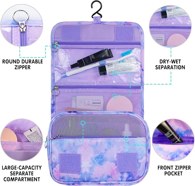 Kids Hanging Toiletry Bag for Girls, Travel Toiletry Bag for Little Young Girls Cosmetic Makeup Waterproof Wash Bag Toddler Traveling Toiletries, Tie Dye Purple