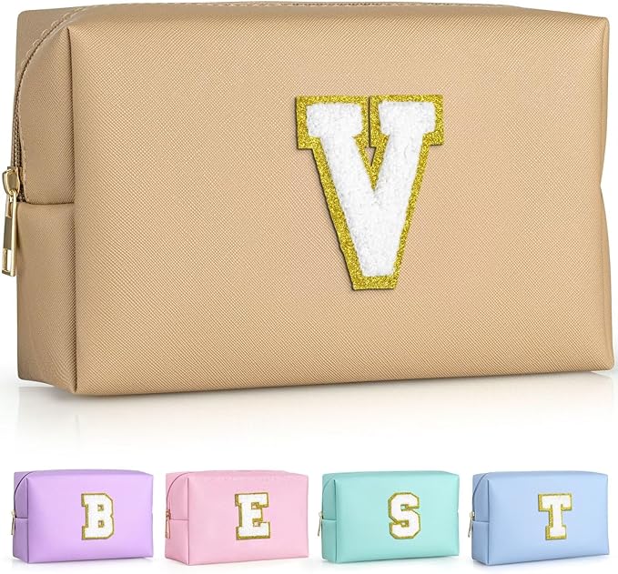 TOPEAST Initial Makeup Bags for Women, Personalized Portable Cosmetic Bag for Travel, Cute Makeup Pouch, PU Leather Waterproof Toiletry Bag, Preppy Things for Girl (Khaki V)