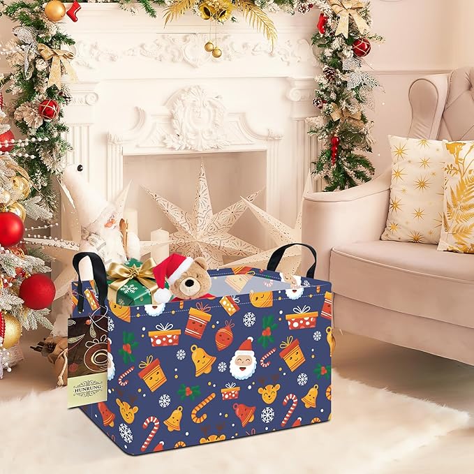 HUNRUNG Rectangle Storage Basket Cute Canvas Organizer Bin for Pet/Children Toys, Books, Clothes Perfect for Rooms/Playroom(REC-Blue Christmas Bell)