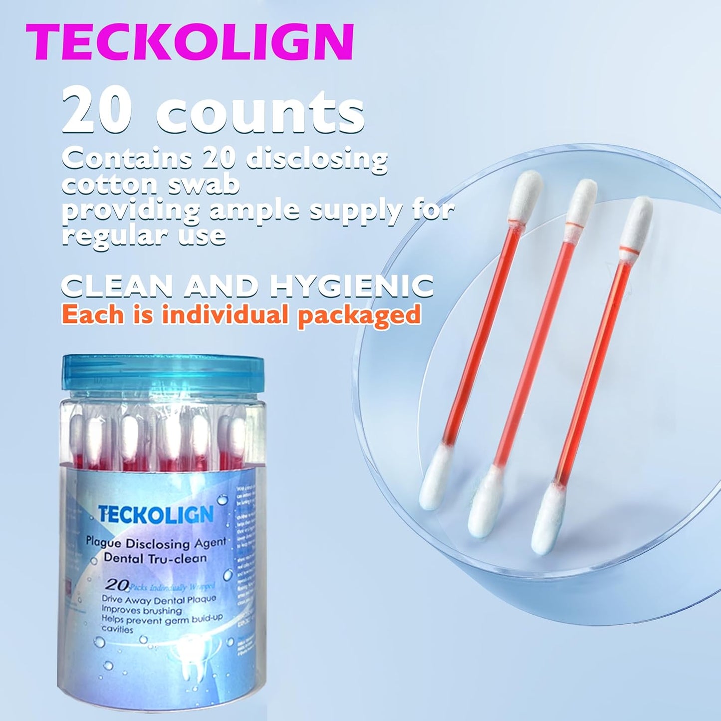 Dental Plaque Disclosing Agent, Plague Display Cotton Swab(not Tablets) Indicator, for Kids & Adults, Shows Plaque,Helps Teach Brushing Habits, Dental Care Kits, 20 Count in 1 Pack