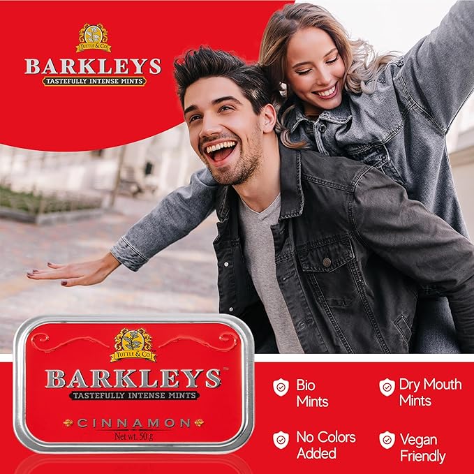 Barkleys Cinnamon Breath Mints -Strong Cool Flavor Candy, Dry Mouth,- Breath Freshener, After Dinner Mints In Reusable Classic Travel Tins, Vegan, 1 Pack - 50 Count Each