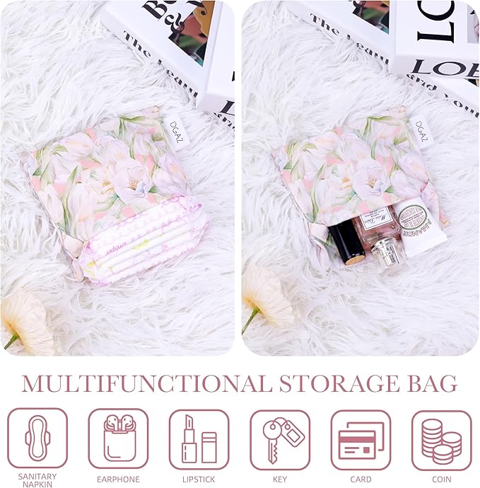 DGAZ Sanitary Napkin Storage Bag, Period Bag for Teen Aged Girls, Portable Period Bag for Panty Liners/Menstrual Cup/Small Tampons，Mini Makeup Bag for Purse(French Tulips)