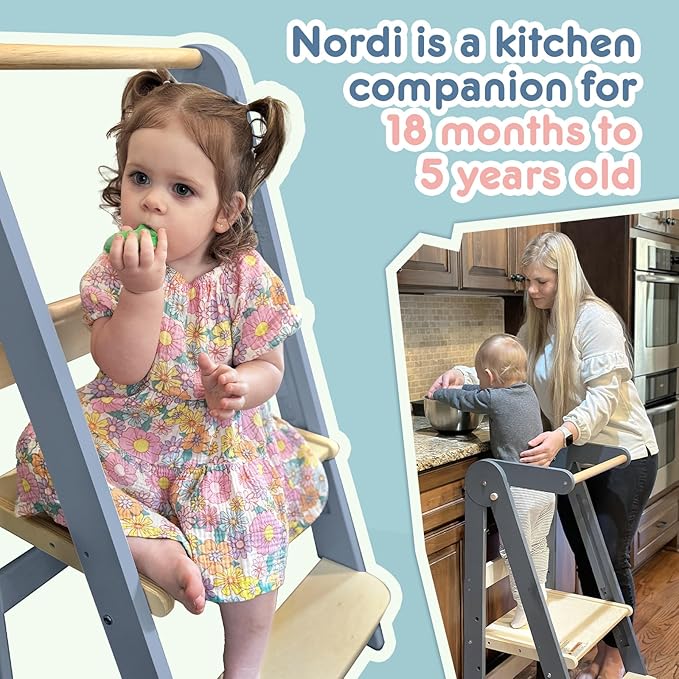 HARPPA Nordi Foldable Toddler Kitchen Tower, Montessori Kitchen Stools Helper, Standing Tower with 3 Adjustable Heights, Suitable Age for 2-6 Years, Grey