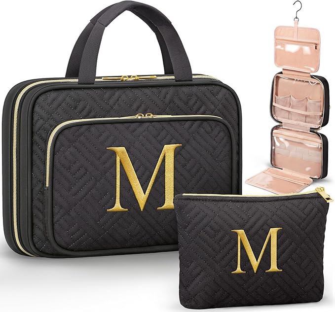 Personalized Gifts for Women, Initial Toiletry Bag Hanging Travel Organizer & Makeup Cosmetic Bag with Embroidery Letter Teacher Appreciation Gift Birthday Christmas Gifts for Mom Wife Friend Sister