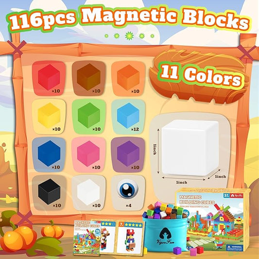 116 PCS Magnetic Blocks Set, 1" Magnet Building Blocks with Toy Eyes and Storage Bag for Kids Gifts, STEM Educational Preschool Sensory Toys for Toddlers Boys Girls Ages 3 4 5 6 7 8 + (Bright Color)