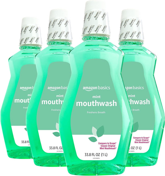 Amazon Basics Fresh Breath Mouthwash, Mint, 33.8 Fl Oz (Pack of 4), (Previously Solimo)