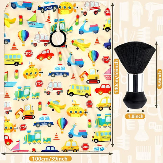 FEBSNOW Kids Hair Cutting Cape, Professional Barber Cape and Neck Duster Brush Cartoon Hairdresser Apron with Adjustable Closure for Children & Adults 55x39 Inches