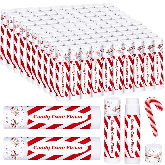 150 Pack Christmas Lip Balms Bulk Christmas Candy Peppermint Cane Scented Holiday Flavor Lip Balm Gifts Xmas Party Gifts Bulk Xmas Items Stocking Stuffers for Women Men Staff Employee (Candy)
