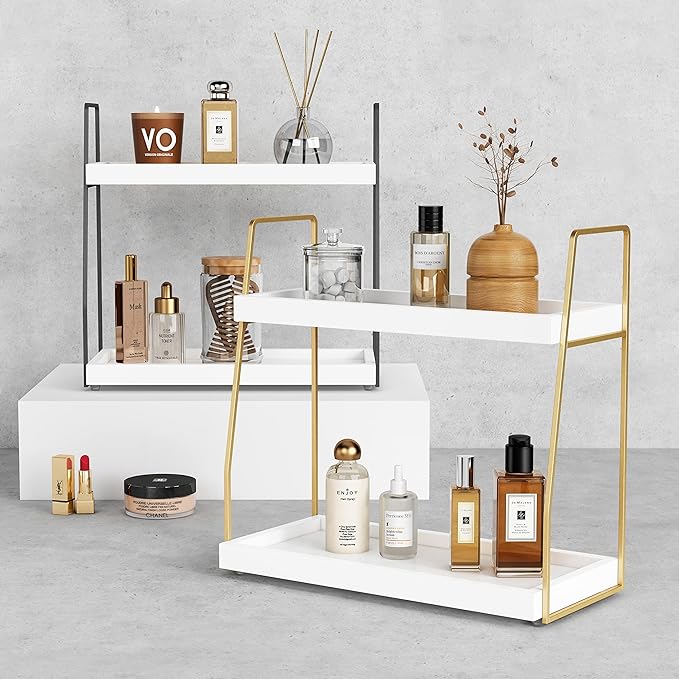 Forbena Bathroom Organizer Countertop, Counter Organizer for Bathroom Decor, Wooden Sink Shelf for Vanity Storage, Makeup Tray for Perfume Skincare Bedroom Kitchen Corner (2 Tier, White and Gold)