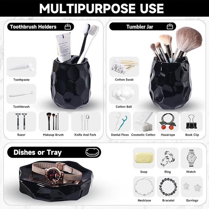 Ceramic Bathroom Accessories Set 4 PCS,Bathroom Toothbrush Holder Set,Soap and Toothbrush Holder Set,Include Toothbrush Holder,Soap Dispenser,Soap Dish,Tumbler,Bathroom Sets Decor Organizer (Black)