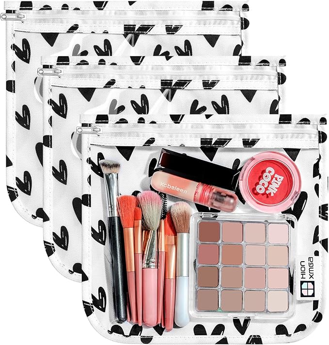 TSA Approved Toiletry Bag, Set of 3 Clear Travel Toiletry Bag Quart Size Zipper Travel Pouch, Waterproof Makeup Cosmetic Bag for Women Men Kids Toiletries Carry on, Hearts Large