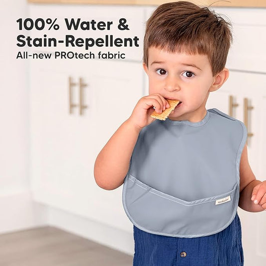3-Pack Waterproof Baby Bibs for Eating - Lightweight Toddler Feeding Bibs with Large Food Catcher, Mess Proof, Food-Grade Baby Eating Essentials, Easy to Put On & Clean (Slate)