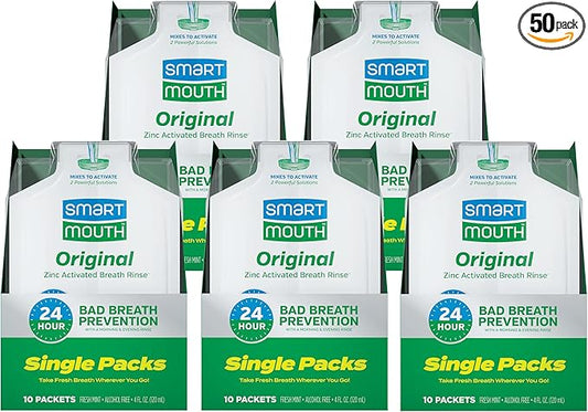 SmartMouth Original Activated Mouthwash Single Packs, Travel Mouthwash, Fresh Mint, 50 Pack
