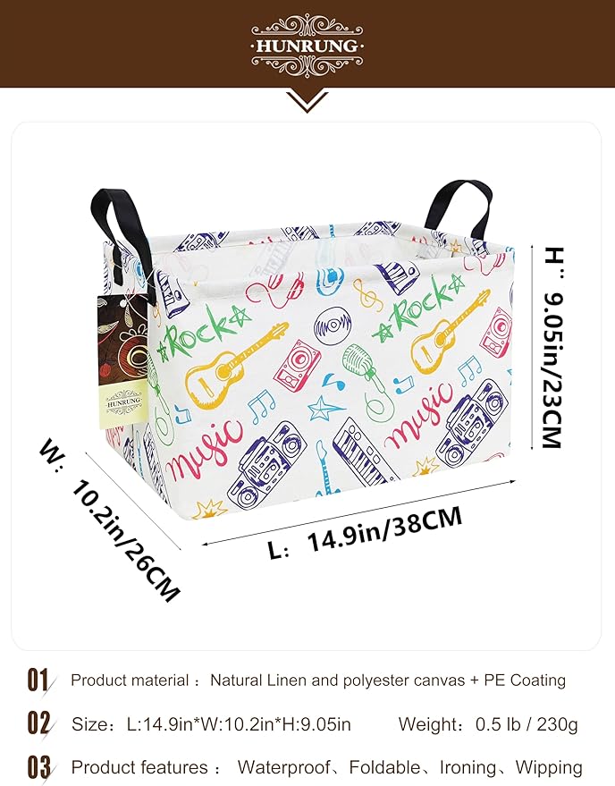 HUNRUNG Rectangle Storage Basket Cute Canvas Organizer Bin for Pet/Children Toys, Books, Clothes Perfect for Rooms/Playroom(REC-Musical instrument)