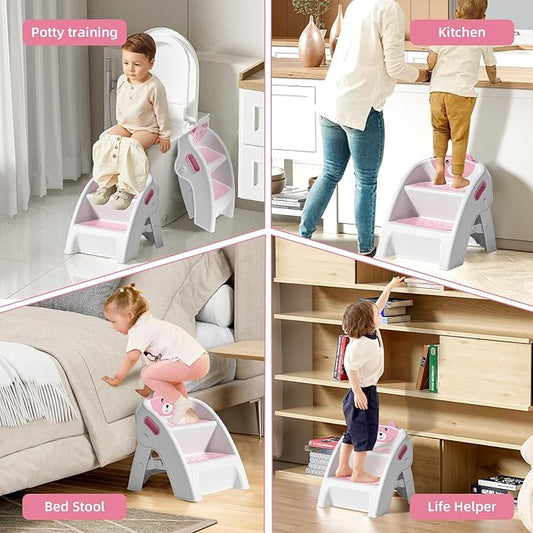 Folding Kids Step Stool for Bathroom and Potty Training,Anti-Slip, Anti-Tip A-Frame Design with 10-Second Setup-Potty 2 Step Stool for Toddlers