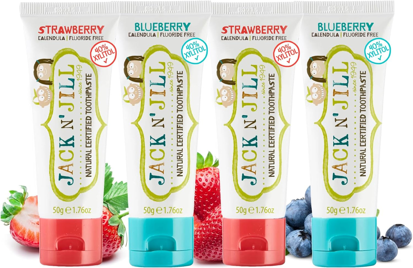 Jack N' Jill Natural Toothpaste for Baby and Infants - Fluoride Free Training Toothpaste, 40% Xylitol, BPA Free - Strawberry & Blueberry, 1.76 oz (Pack of 4)