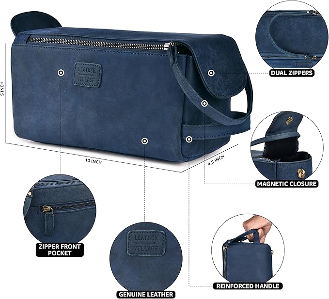 LEATHER VILLAGE Premium Leather Travel Toiletry Bag - Unisex Water-Resistant Travel Bag for Toiletries, Shaving & Cosmetic Organizer for Men & Women - Compact Bathroom Essentials - Royal Blue