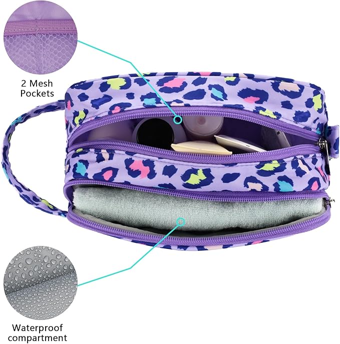 Cheetah Kids Toiletry Bag for Girls, Travel Toiletry Bag for Little Young Girls Cosmetic Bag Makeup Bag Waterproof Hanging Wash Bag Toddler Toiletries, Leopard Purple