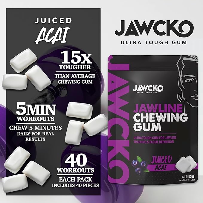 JAWCKO Ultra-tough Jawline Chewing Gum | Get a Stronger, Squarer Jawline | Juiced Acai Jaw Training Hard Gum | Chisel, Sculpt, Tone your Jaw | 15X Hardness | Facial Fitness Mewing Gum | 40 Pieces/Pack