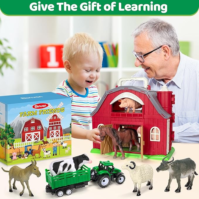 Farm Animals Toys for 1 2 3 4 5 Year old Toddlers Girls Boys, Big Red Barn Farm with Figures Animals and Tractor Toy for Kids, Farm Playset Educational Learning Toys, Ideal Christmas Birthday Gifts