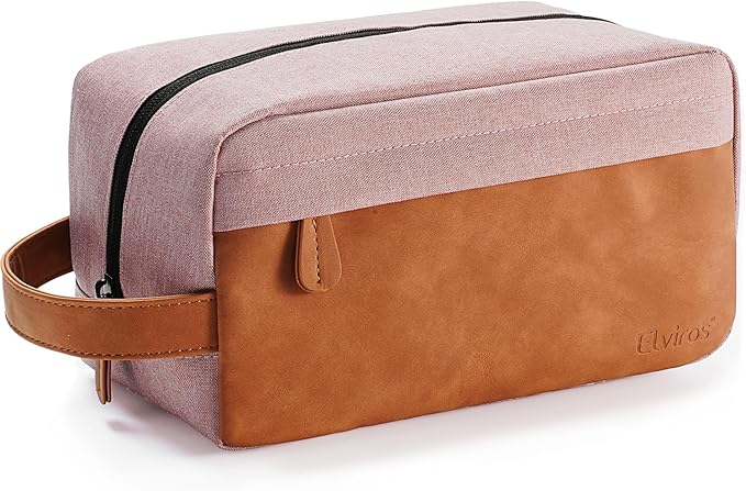 Elviros Travel Toiletry Bag for Men, Hanging Toiletries Bag Water Repellent Dopp Kit PU Leather Travel Bag for Toiletries Accessories, Pink