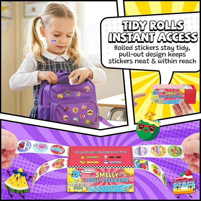 HORIECHALY Smelly Roll Stickers for Kids 4 Rolls, 1200 PCS 4 Scent Scratch and Sniff Stickers Food Theme, Positive Reward for Classroom, Portable Drawer Box for Travel, Car, Airplane