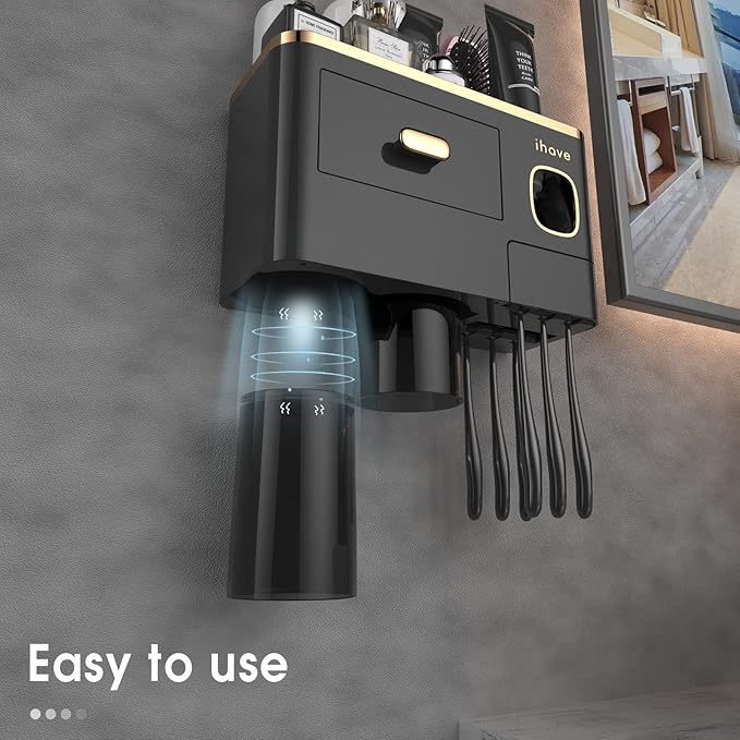 iHave Toothbrush Holders for Bathrooms - Upgrade Wall Mounted Toothbrush Holder with Toothpaste Dispenser - 2 Cups, Large Capacity Tray, Cosmetic Drawer - Bathroom Decor & Bathroom Accessories