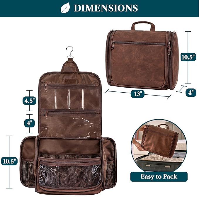 PAVILIA Large Hanging Toiletry Bag Travel Bag Women Men, PU Leather Cosmetic Organizer, Water Resistant Makeup Bag Accessories Toiletries, Travel Essentials Kit, Brown