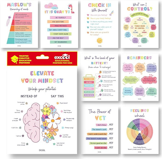 EXCOOL CLUB 9 Pcs Colorful Growth Mindset Posters - Pastel Motivational Posters For Classroom Decorations, Positive Affirmation Wall Art, Teacher Supplies For Classroom Elementary, Middle School