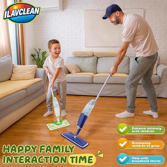 2-Set Toy Mop for Kids - Toddler Real Spray Mop and Flat Floor Mop Montessori Cleaning Toy Set, Educational and Fun Gifts for Boys and Girls Ages 4+