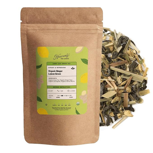 Heavenly Tea Leaves Organic Ginger Lemon Green, Loose Leaf Green Tea, 4 oz. (Approx. 50 Cups of Tea) - Antioxidant & Immune Boosting, Hot or Iced Tea, Great Natural Energy Source