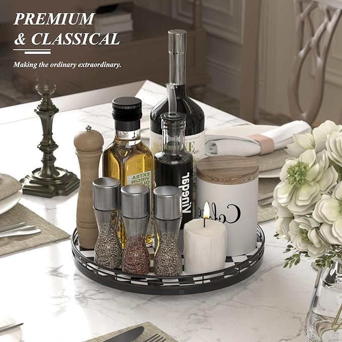 Black and White Kitchen Lazy Susan Turntable – Round Checkered Decorative Tray, 12” Table Top Oak Wood Lazy Susan for Cookies, Dining Table Organizer, Small Kitchen Table Centerpiece