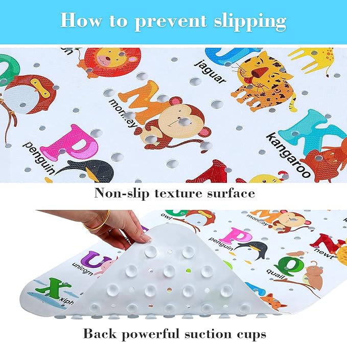 Bath Mat for Tub Non Slip, Machine Washable Anti-Slip Cartoon Baby Bathtub Shower Mat with Drain Holes and Suction Cups for Toddler & Kids (40 Inch x 16 Inch-Rectangular, Alphabet and Animals)