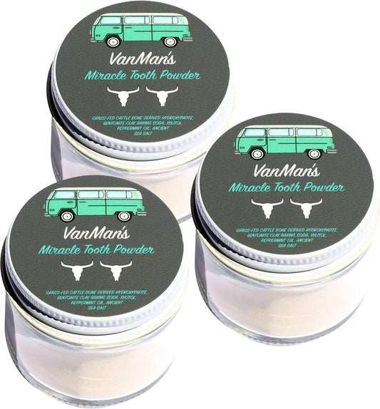 Vanman’s - Mint and Bone Tooth Powder Toothpaste (3 Pack) - Remineralizing Tooth Powder with Cattle Bone Derived Hydroxyapatite, Bentonite Clay, Peppermint Oil and Baking Soda - 2.2 oz