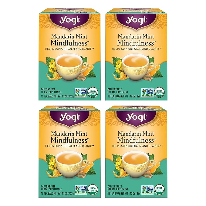 Yogi Tea Mandarin Mint Mindfulness - 16 Bags per Pack (4 Pack) - Organic Mandarin Mint Tea - Calming Herbal Tea - Includes Ashwagandha, Reishi Mushroom, Mandarin, Peppermint & More