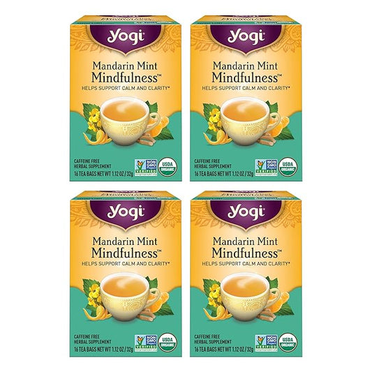 Yogi Tea Mandarin Mint Mindfulness - 16 Bags per Pack (4 Pack) - Organic Mandarin Mint Tea - Calming Herbal Tea - Includes Ashwagandha, Reishi Mushroom, Mandarin, Peppermint & More