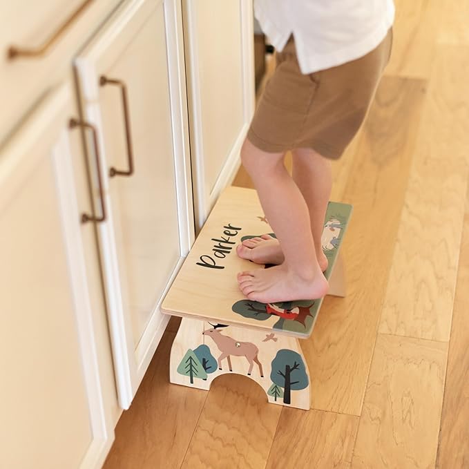 Step Stool for Toddlers- Personalized Wood Kids Step Stool with Name for Kitchen Sink, Bathroom, Potty Training, Toilet, Kitchen Sink- Sturdy and Safe- Made in USA by BloomOwl (Jungle- Earthy)