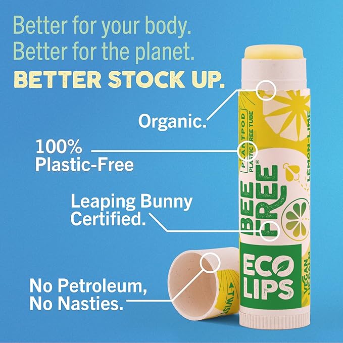 Eco Lips Bee Free Variety Pack Vegan Lip Balm | Candelilla Wax, Cocoa Butter & Coconut Oil Lip Care. Soothe & Moisturize Dry, Chapped Lips - 100% Plastic-Free Plant Pod Packaging - Made in USA