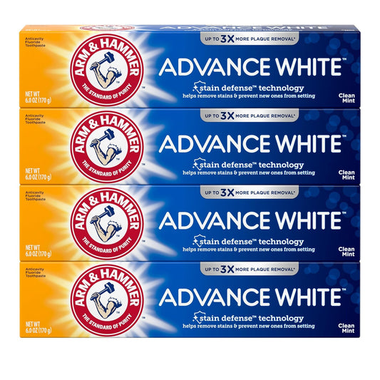 ARM & HAMMER Advance White Toothpaste, Teeth Whitening Baking Soda Toothpaste with Stain Defense Technology and Fluoride, Clean Mint Flavor, 6.0 Oz (Pack of 24)